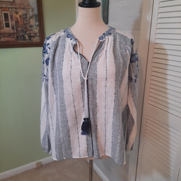 New directions embroidery floral striped boho cotton blend top blouse PL - Picture 5 of 8